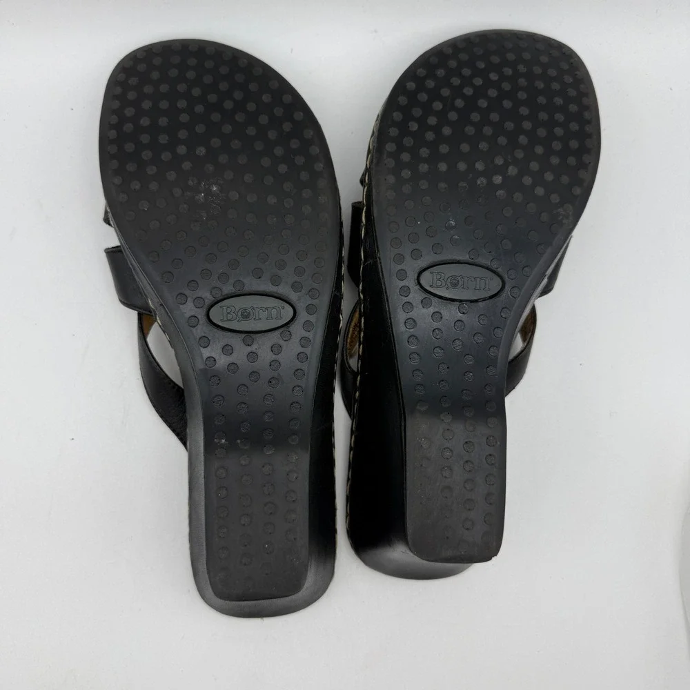Born Wedge Sandals Women 8 Black Leather Crisscross Slide B3430 Casual
